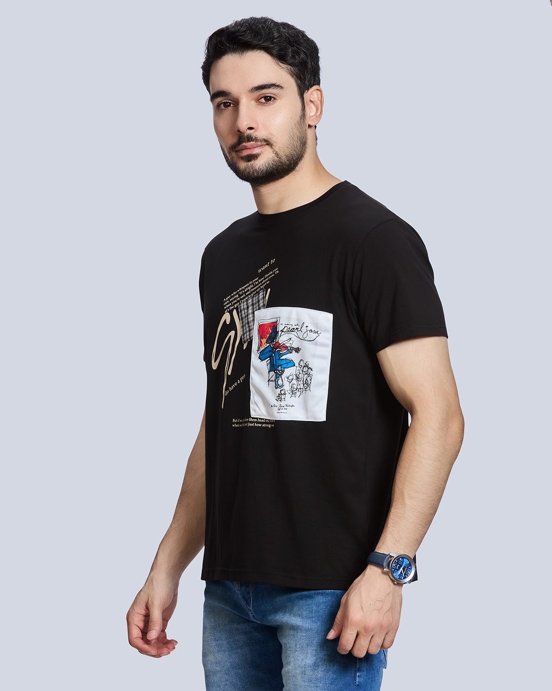 Black Printed Round Neck Cotton T-Shirt