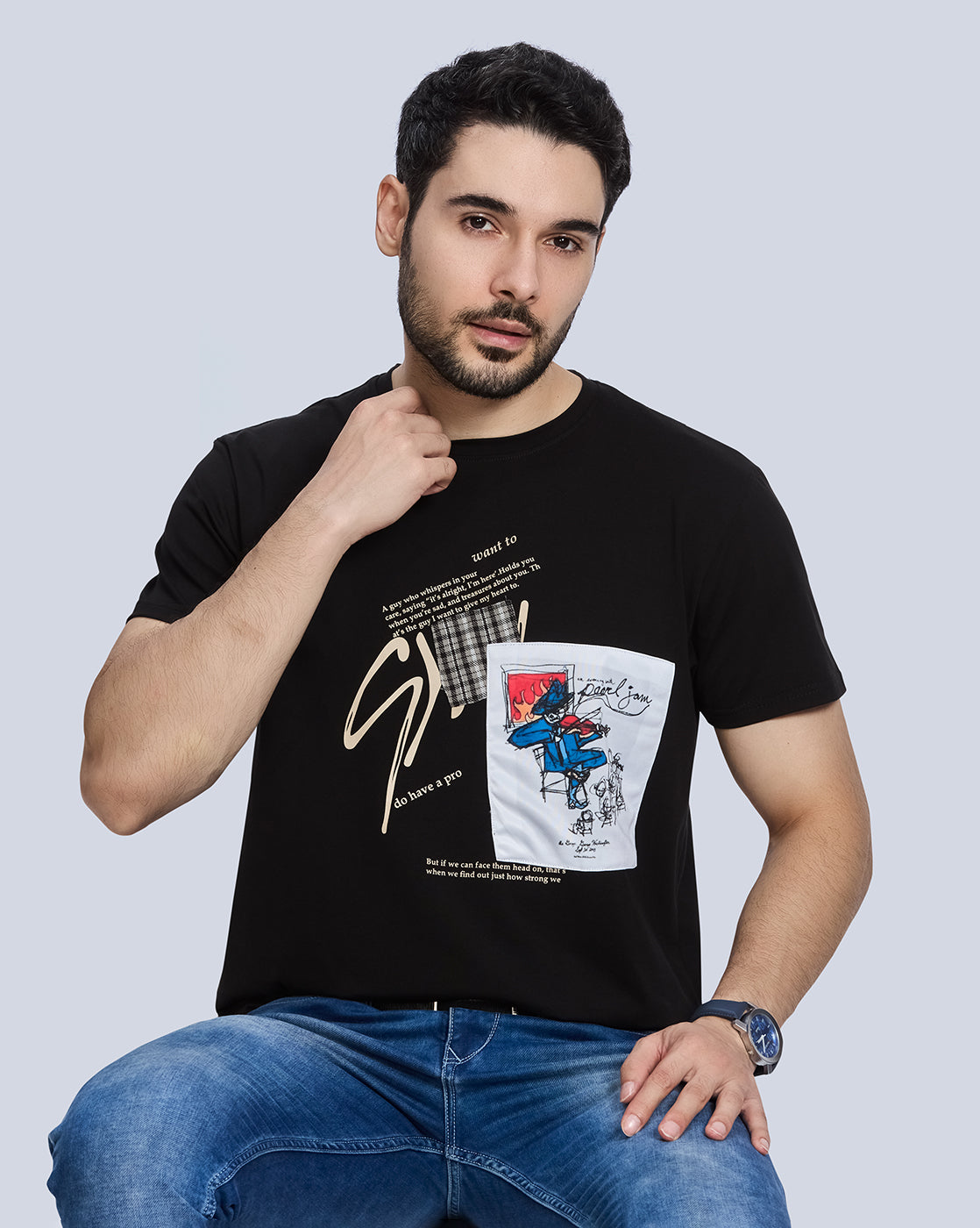 Black Printed Round Neck Cotton T-Shirt