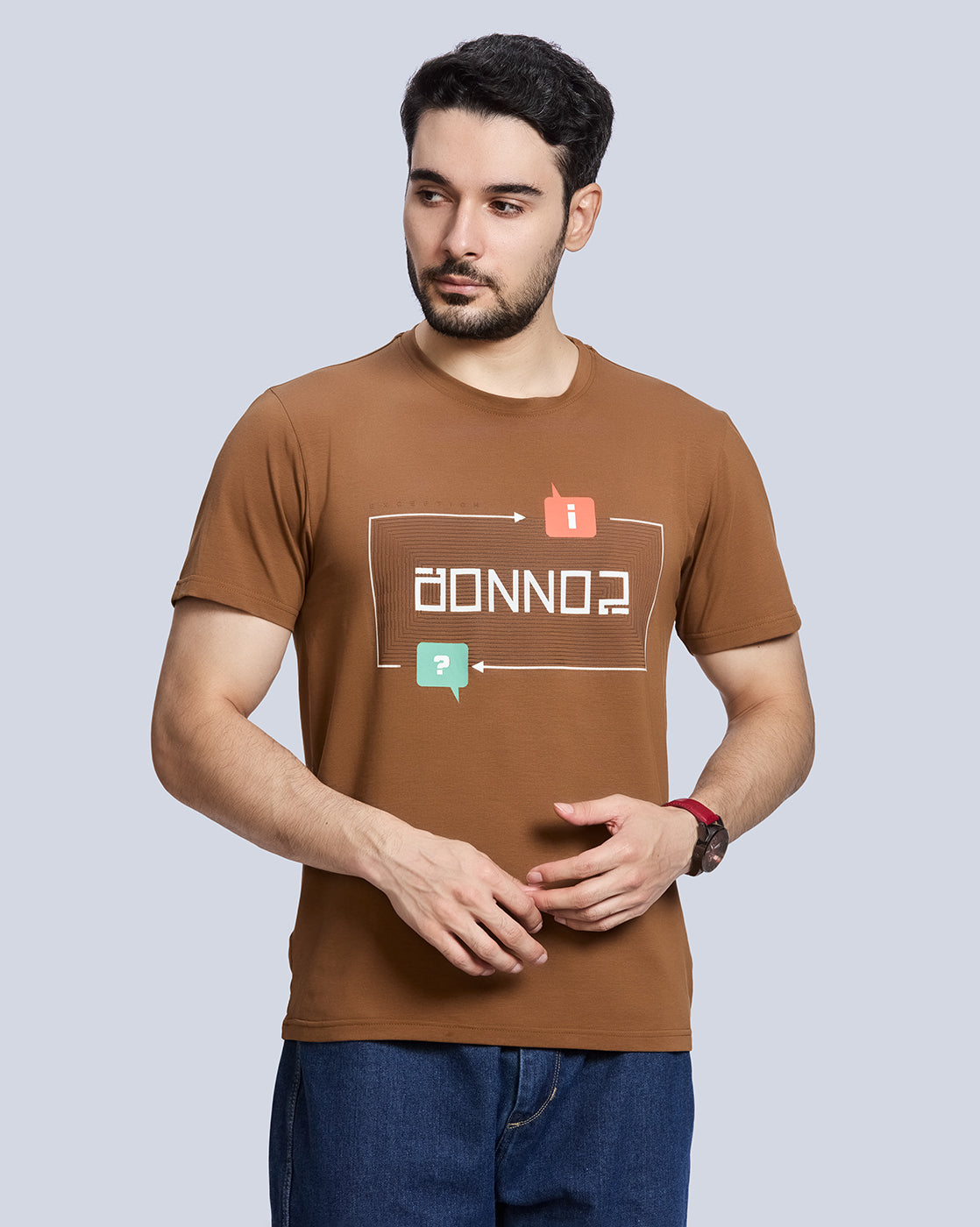 Khaki Printed Round Neck Cotton T-Shirt