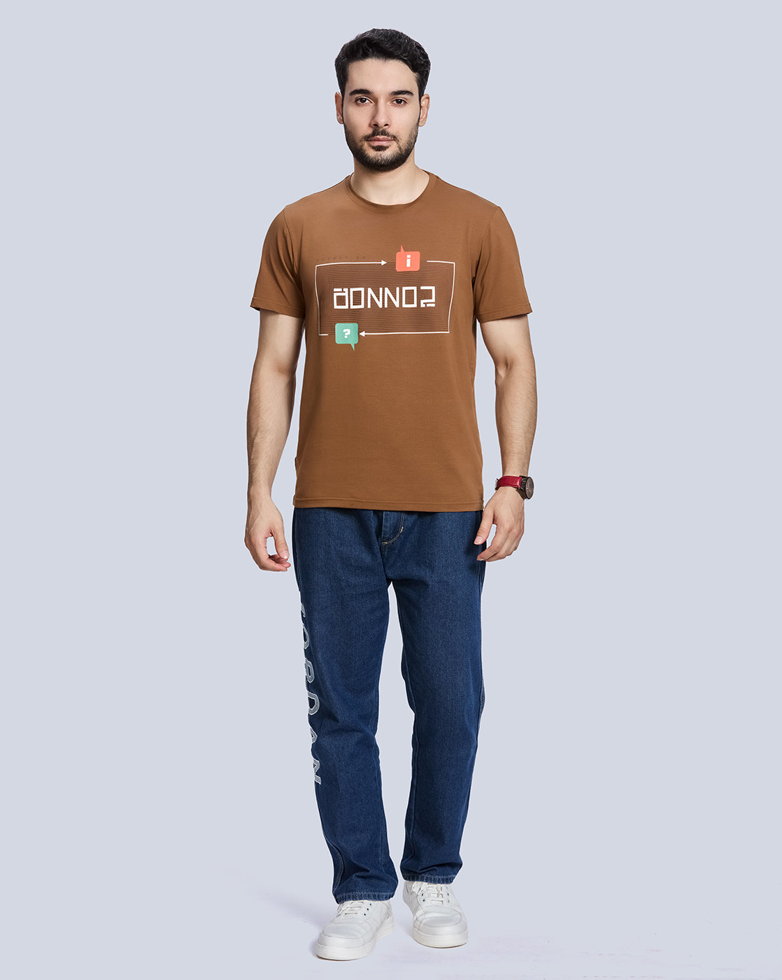 Khaki Printed Round Neck Cotton T-Shirt