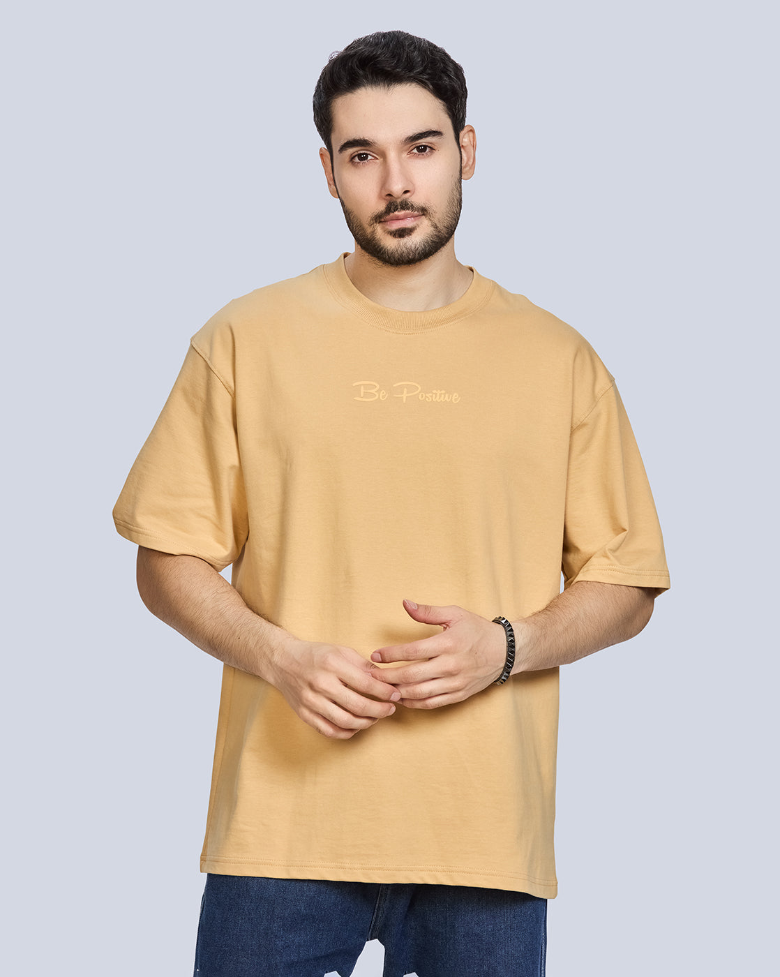Beige Round Neck Drop Shoulder Cotton T-Shirt