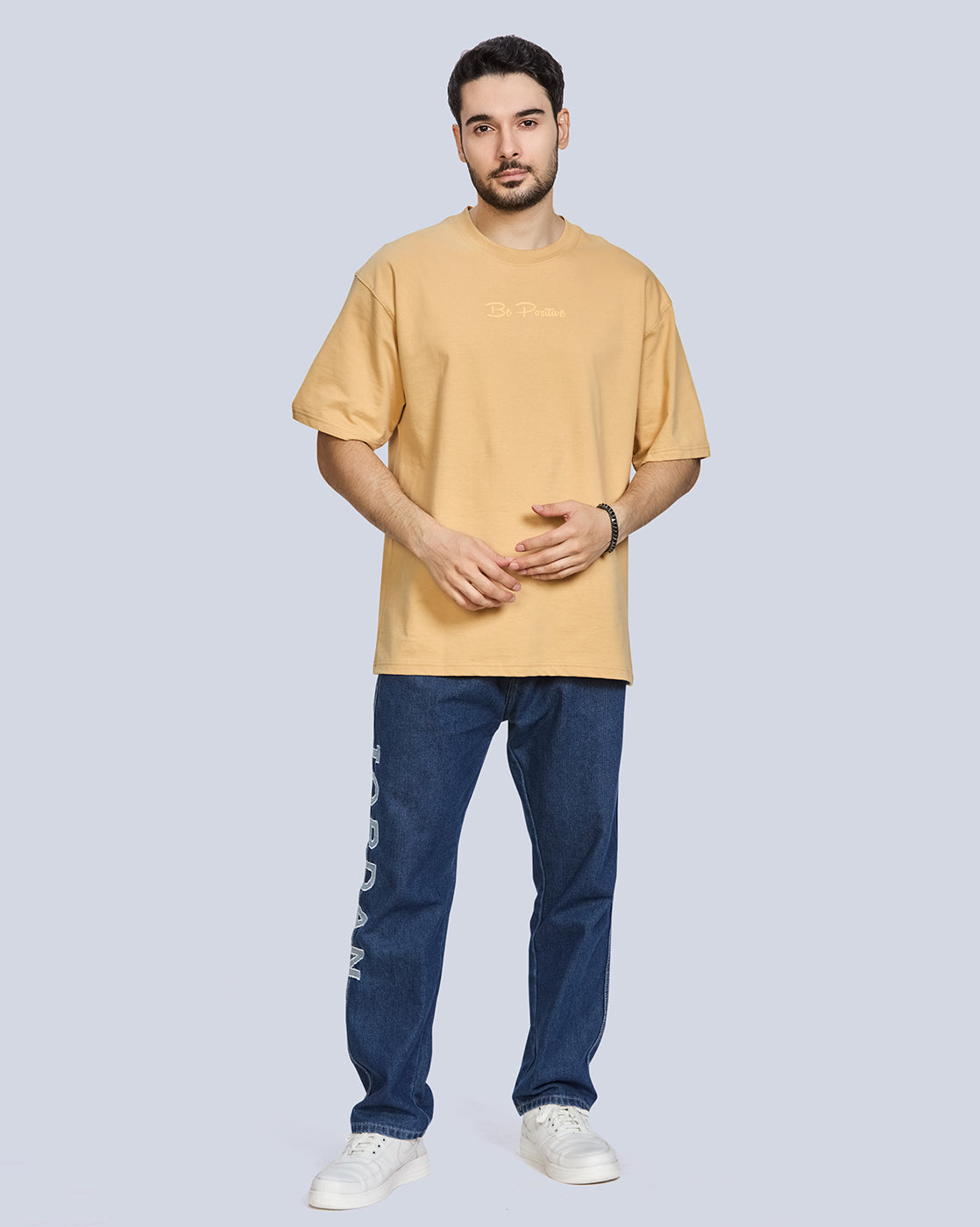 Beige Round Neck Drop Shoulder Cotton T-Shirt