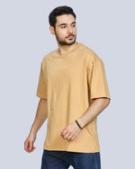 Beige Round Neck Drop Shoulder Cotton T-Shirt