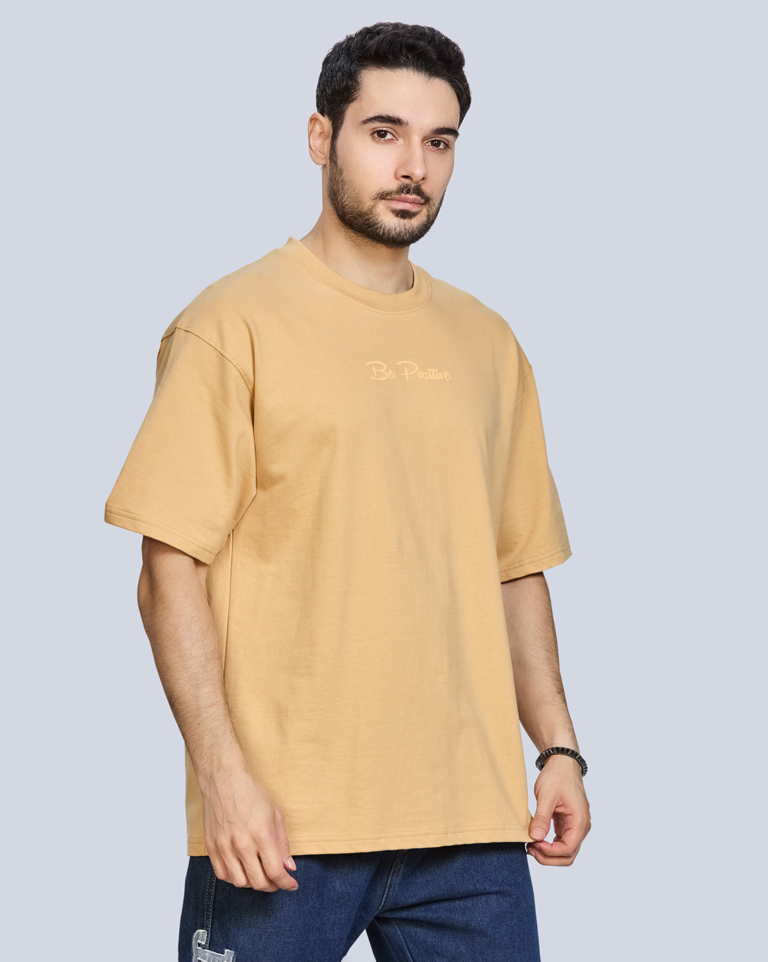 Beige Round Neck Drop Shoulder Cotton T-Shirt