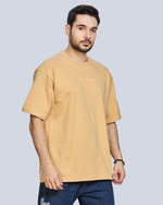Beige Round Neck Drop Shoulder Cotton T-Shirt