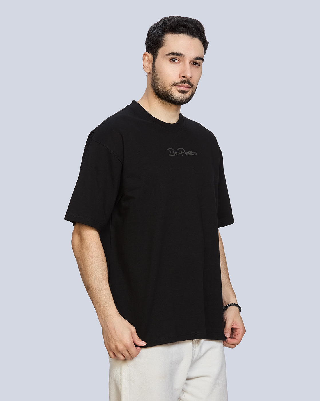 Black Round Neck Drop Shoulder Cotton T-Shirt