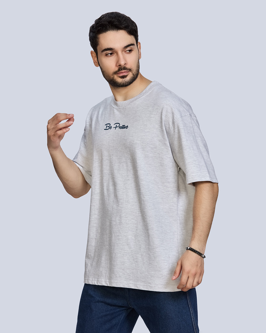 Grey Milange Round Neck Drop Shoulder Cotton T-Shirt