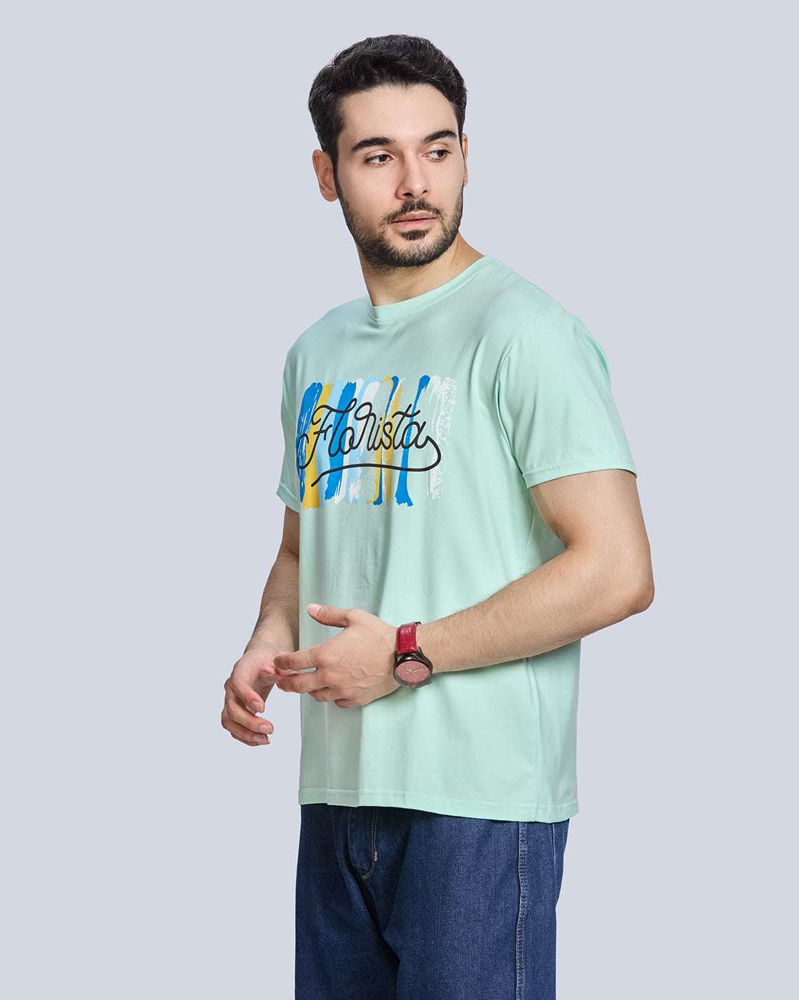 Light Green Printed Round Neck Cotton T-Shirt