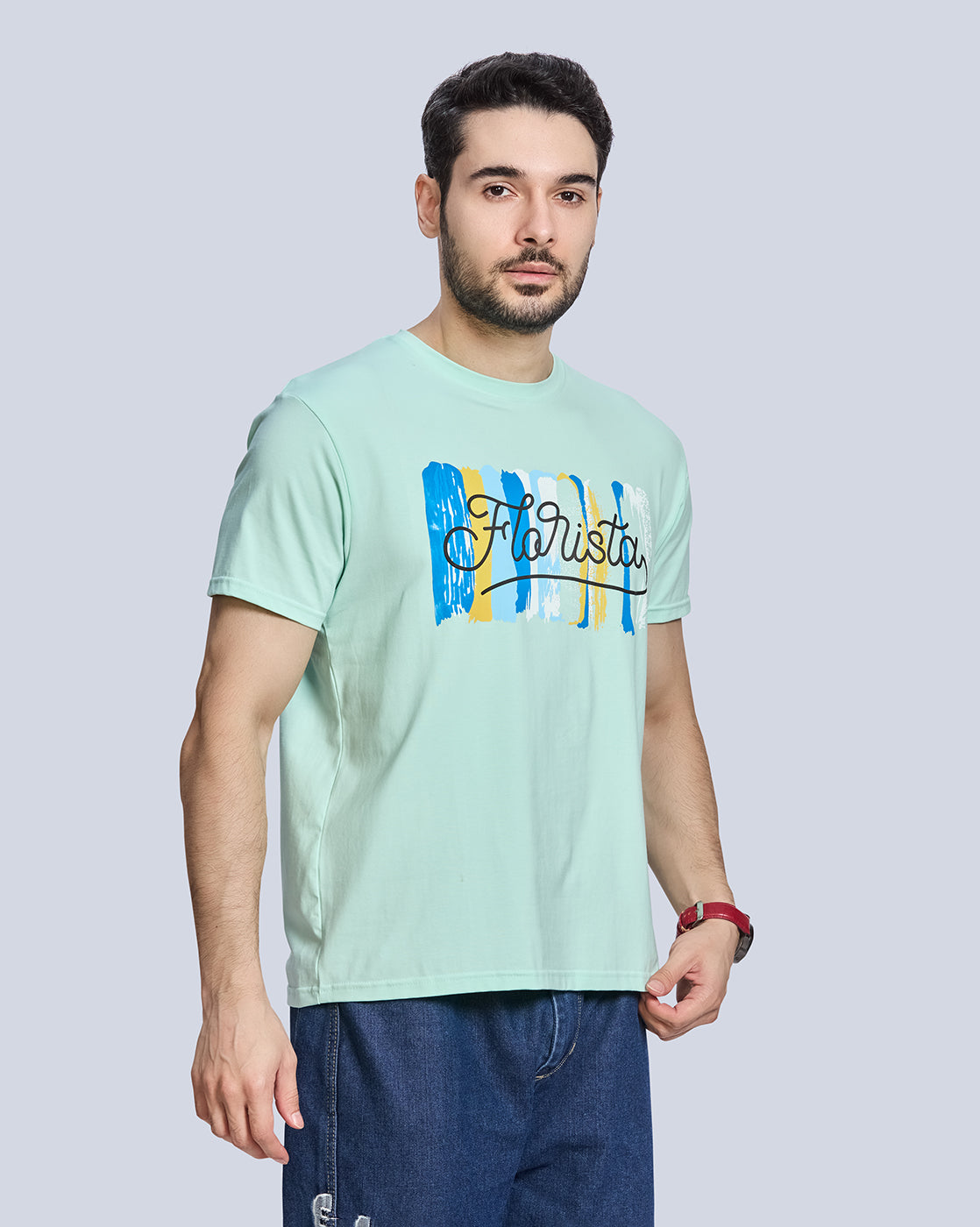 Light Green Printed Round Neck Cotton T-Shirt