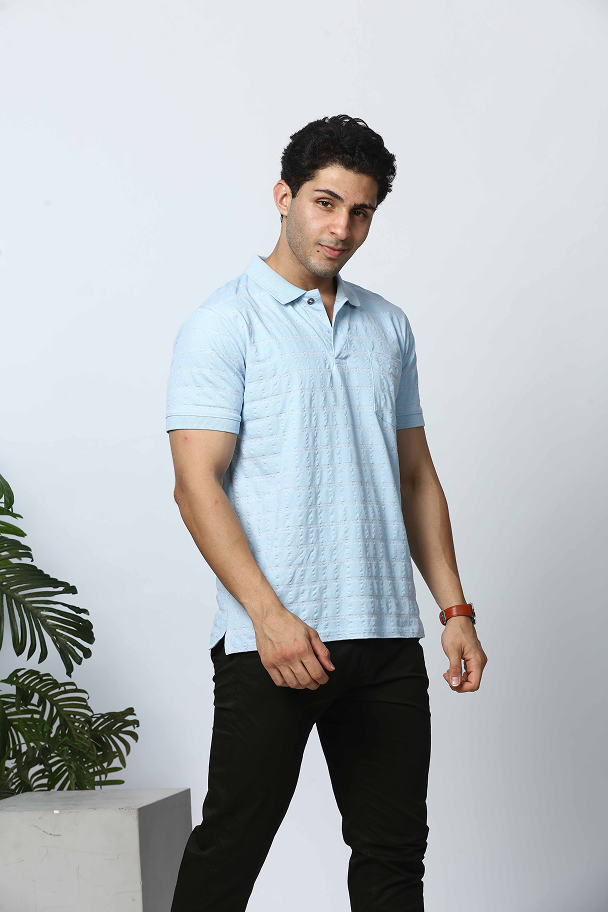 Light Blue Polo Neck T-Shirt With Pocket