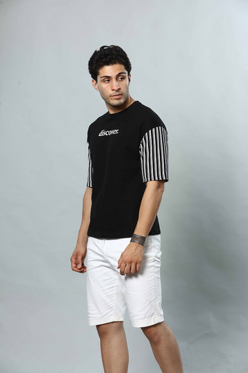 Black Hand Strpied Round Neck Oversized Drop Shoulder T-Shirt