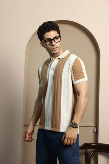 Beige and Camel Brown Striped Polo T-Shirt