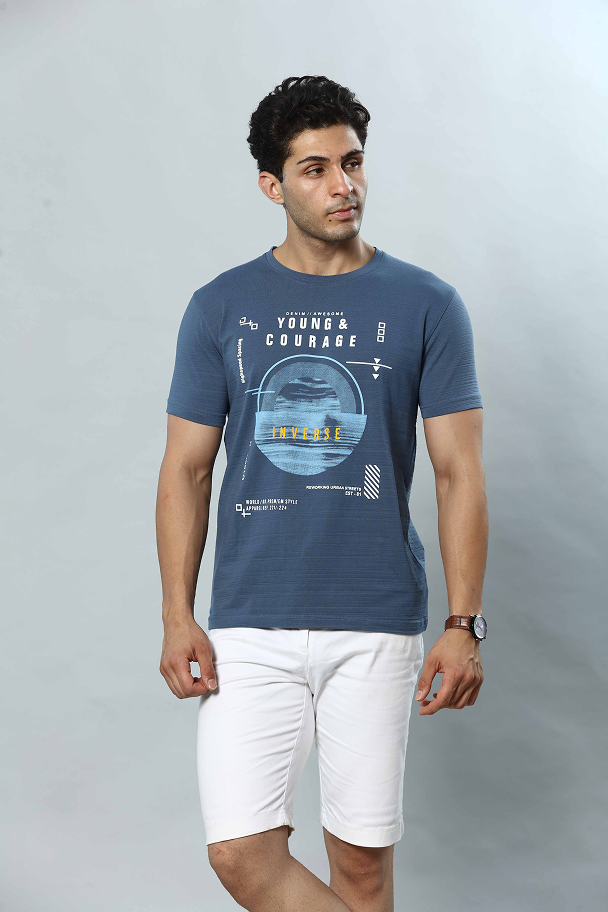 Slate Blue Graphic Print Round Neck Stretchable T-Shirt