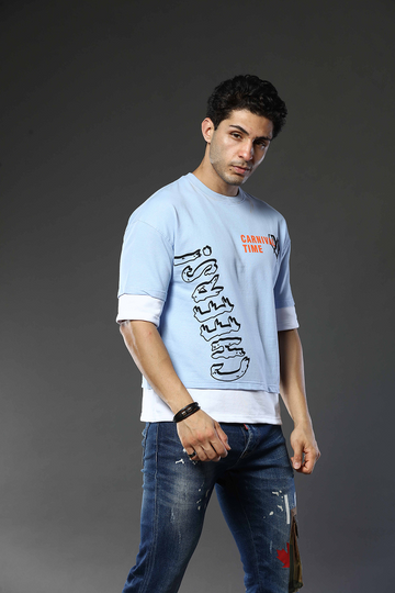 Light Blue Graphic Print Round  Neck Oversized Drop Shoulder T-Shirt