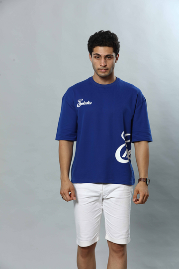 Blue Patterned Round Neck Oversized Drop Shoulder T-Shirt