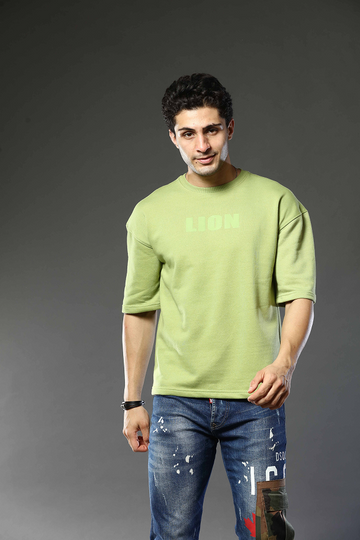 Light Green Patterned Round Neck Oversized Drop Shoulder T-Shirt