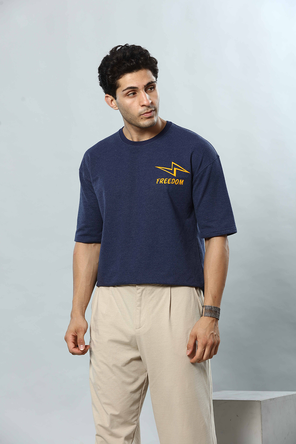 Dark Blue Graphic Print RoundNeck Oversized Drop Shoulder T-Shirt