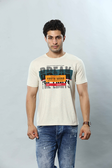 Beige Graphic Print Round Neck Stretchable T-Shirt